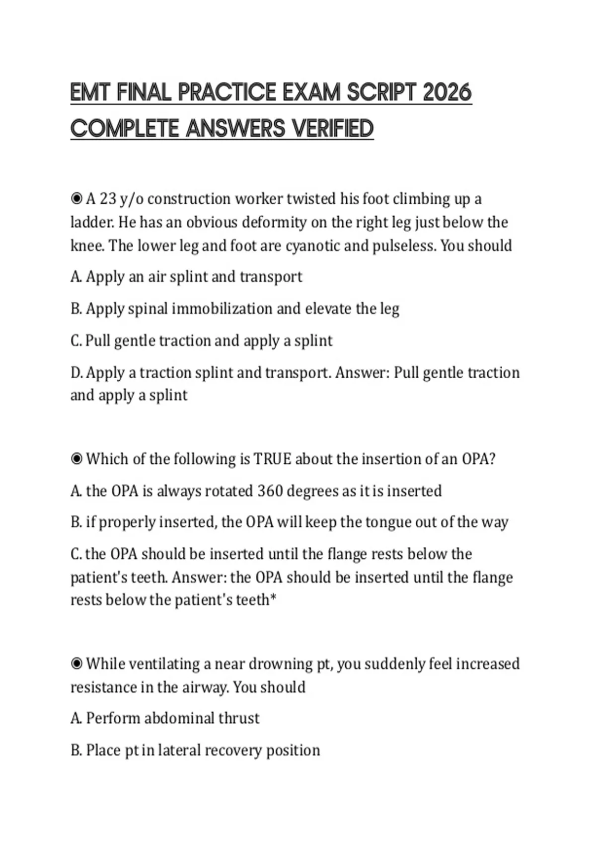 Script Sheet Exam EMT FINAL PRACTICE EXAM SCRIPT 2026 COMPLETE ANSWERS VERIFIED - EMT ...