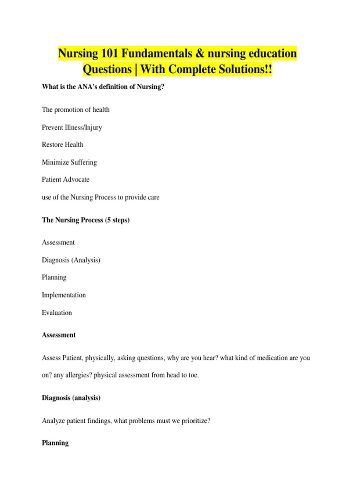 Nursing 101 Fundamentals & nursing education Questions | With Complete ...
