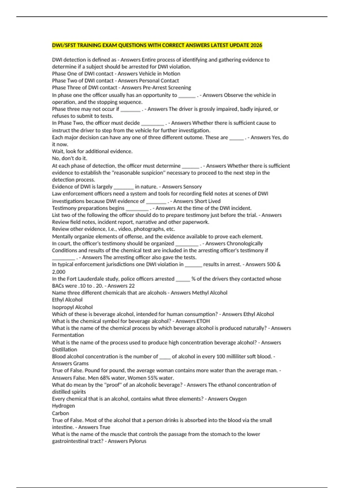 DWI/SFST TRAINING EXAM QUESTIONS WITH CORRECT ANSWERS LATEST UPDATE ...