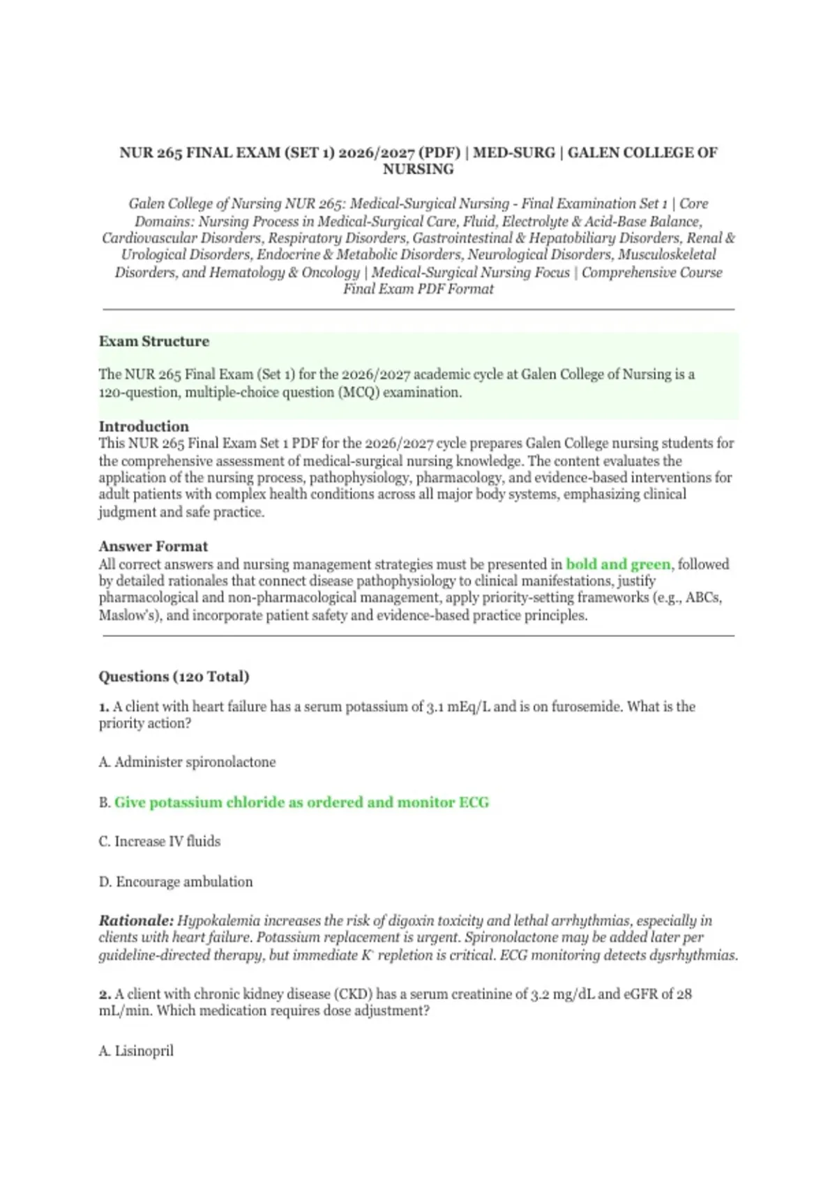 Galen College NUR 265 Final Exam Set 1 2026/2027 – Medical-Surg PDF Q&A ...