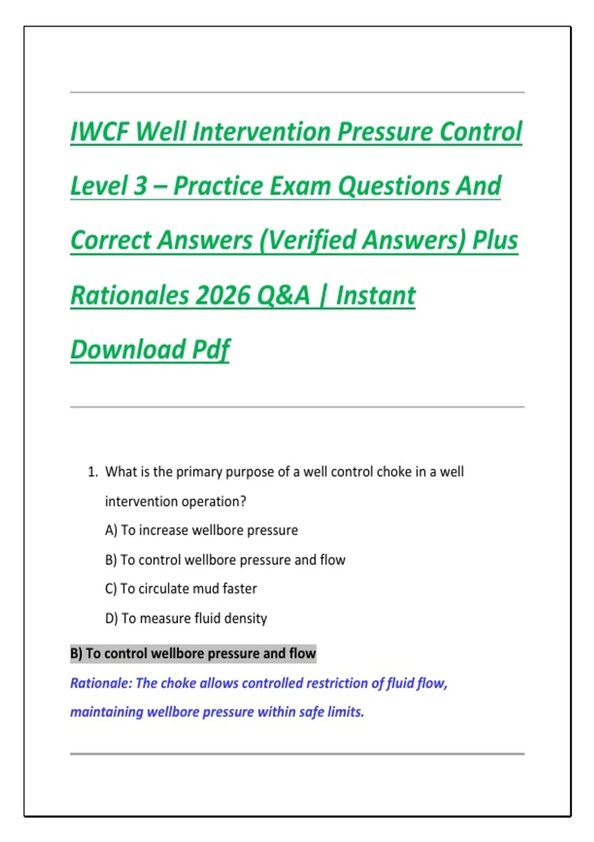 IWCF Well Intervention Pressure Control Level 3 – Practice Exam ...