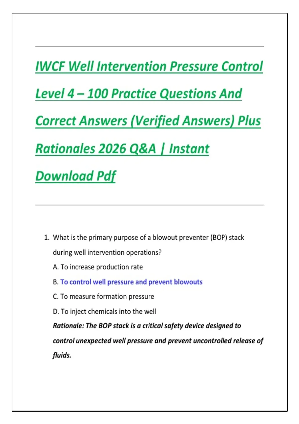 IWCF Well Intervention Pressure Control Level 4 – 100 Practice ...