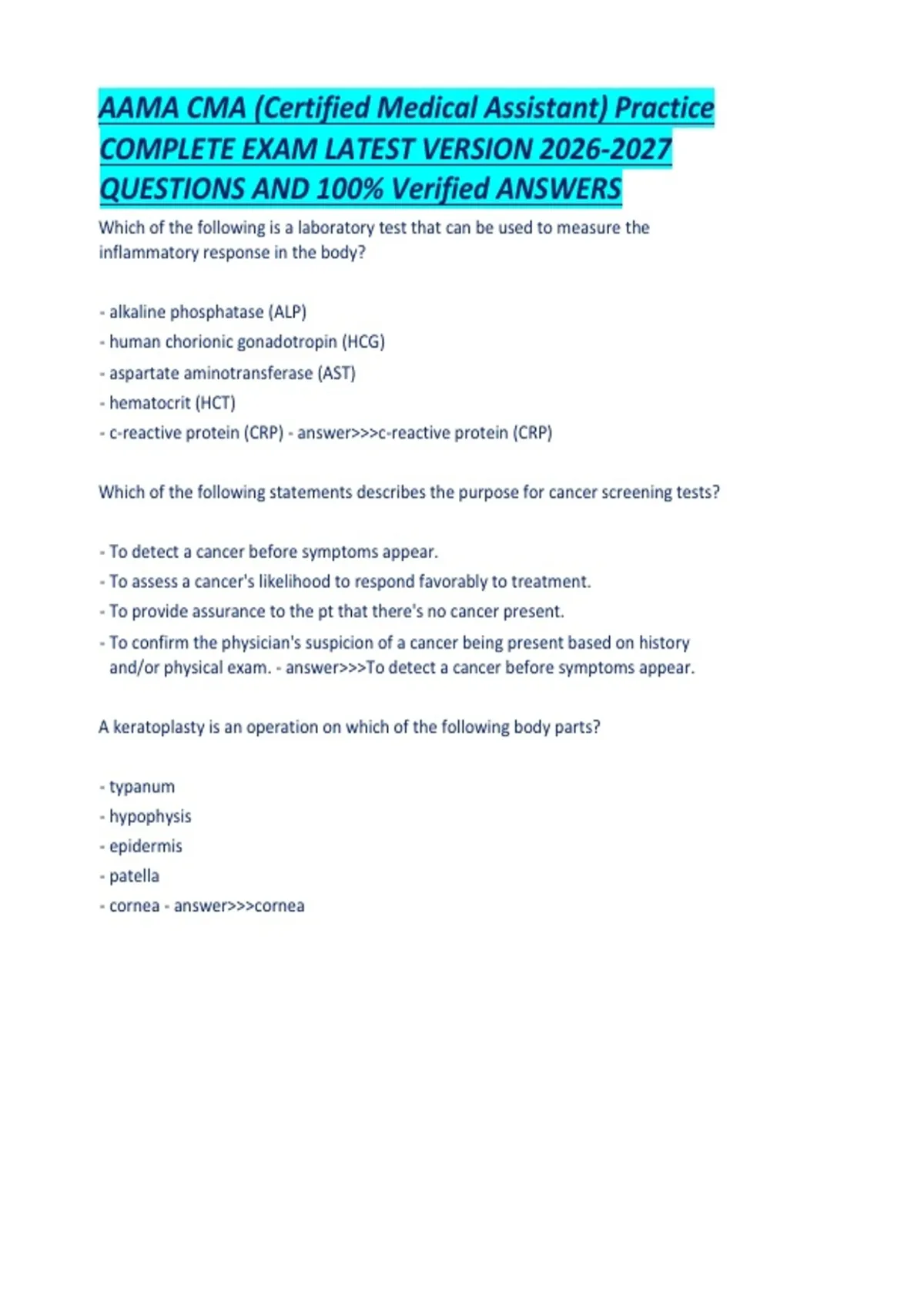 AAMA CMA (Certified Medical Assistant) Practice COMPLETE EXAM LATEST ...
