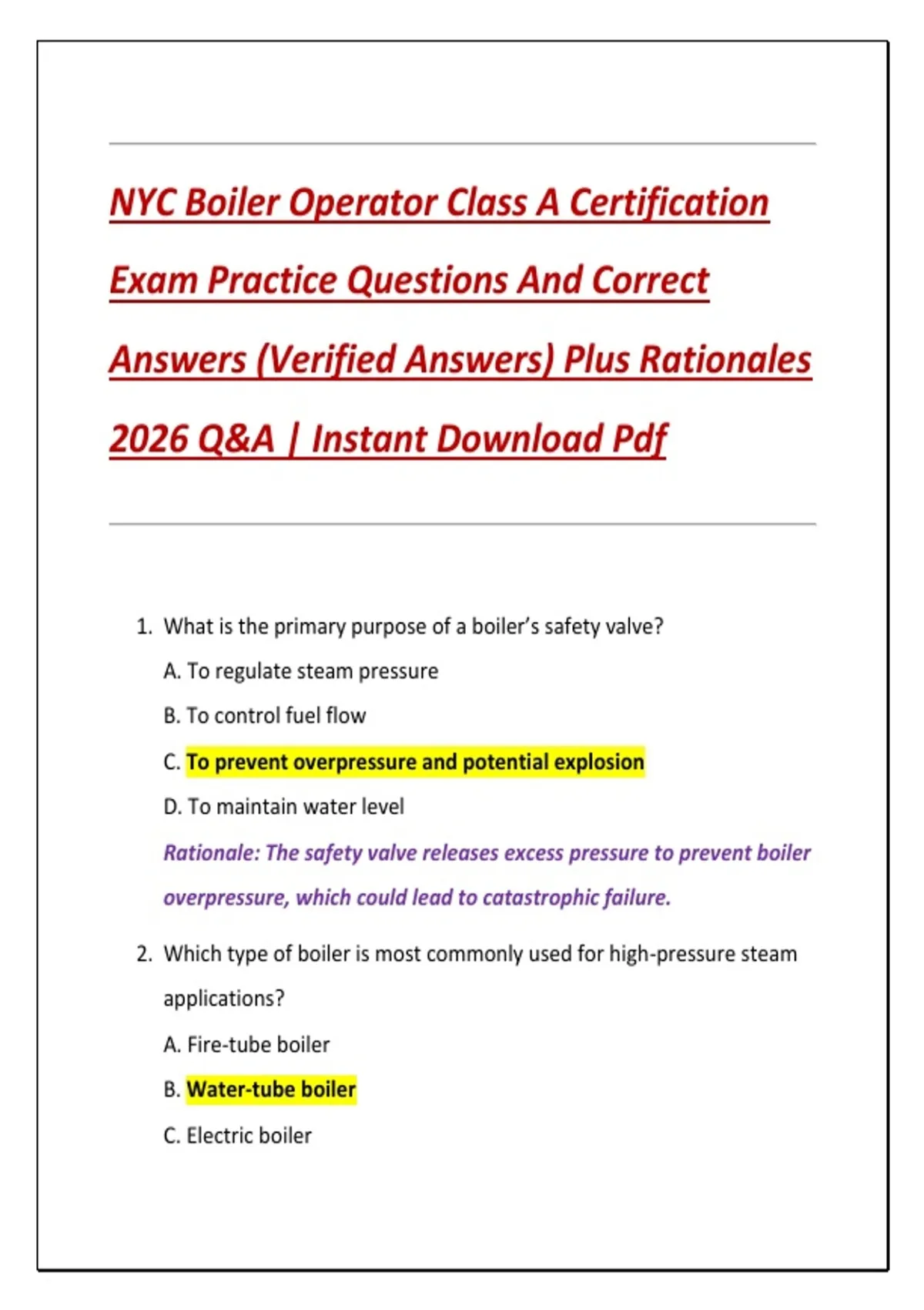 NYC Boiler Operator Class A Certification Exam Practice Questions And Correct Answers (Verified ...