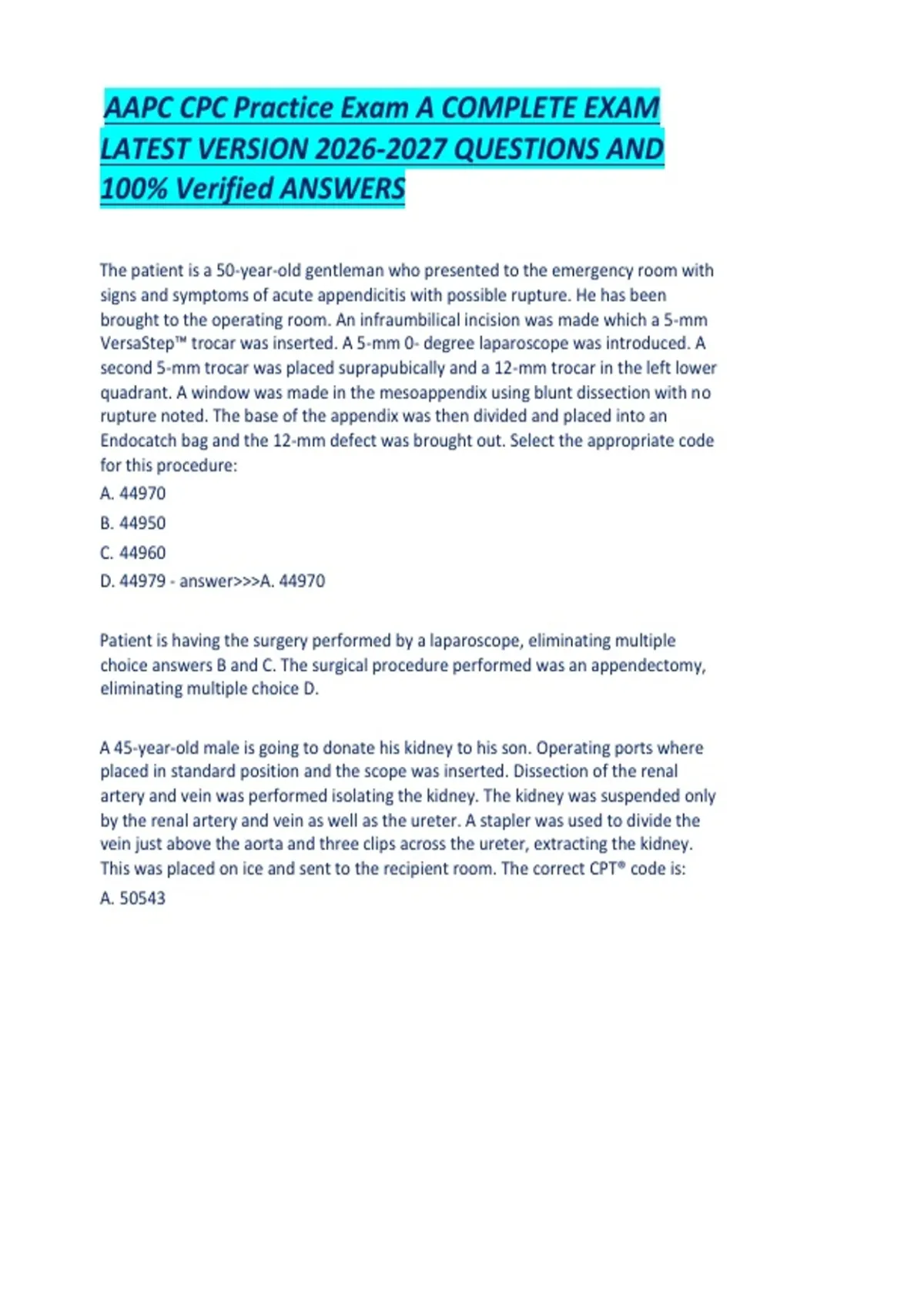 AAPC CPC Practice Exam A COMPLETE EXAM LATEST VERSION QUESTIONS AND 100 ...
