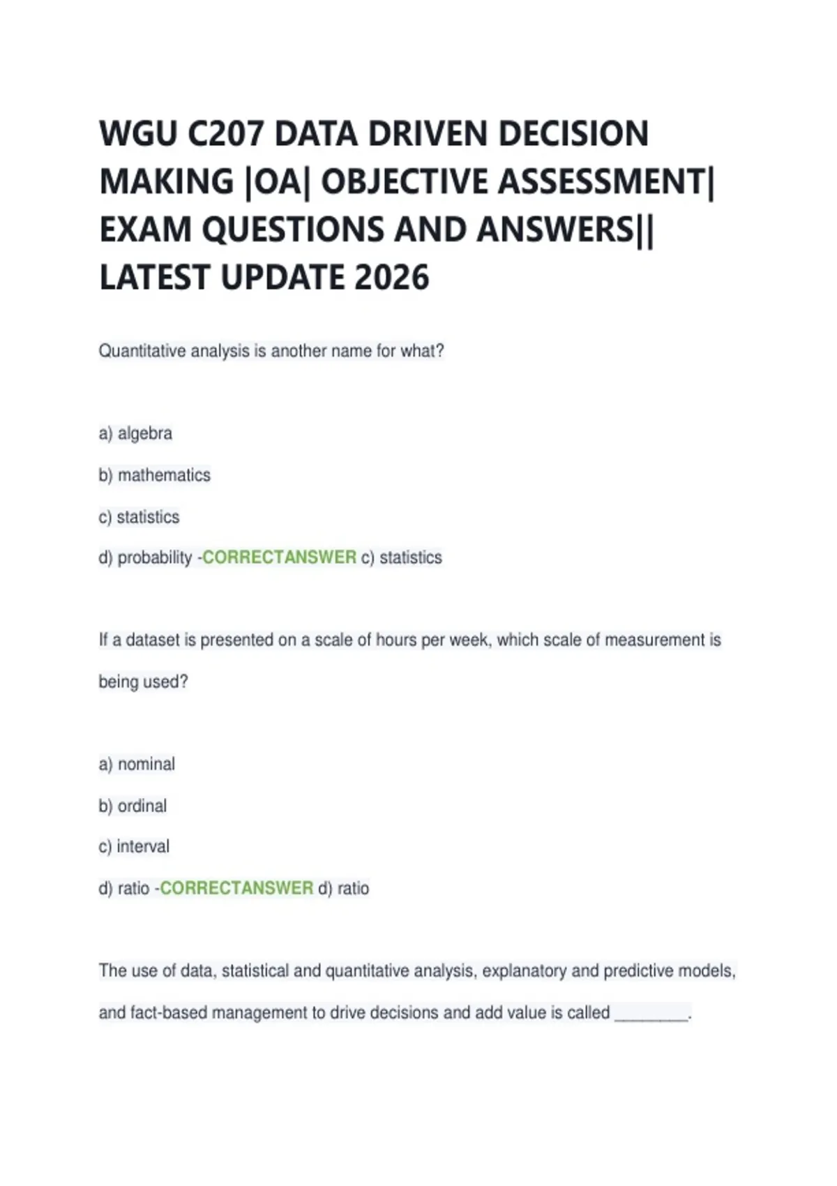 WGU C207 DATA DRIVEN DECISION MAKING |OA| OBJECTIVE ASSESSMENT| EXAM ...