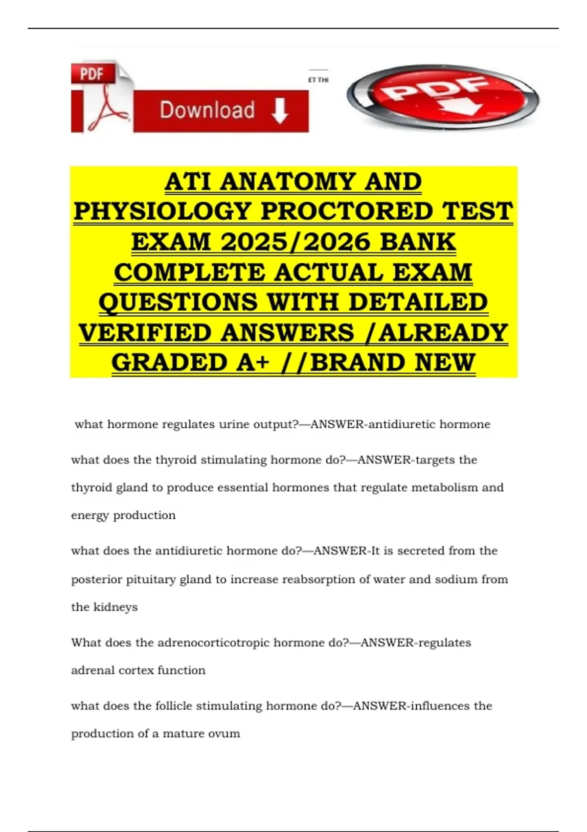 ATI ANATOMY AND PHYSIOLOGY PROCTORED TEST EXAM 2025/2026 BANK COMPLETE ...