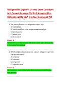 Refrigeration Engineer License Exam Questions  And Correct Answers &lpar;Verified Answers&rpar; Plus  Rationales 2026 Q&A &vert; Instant Download Pdf 
