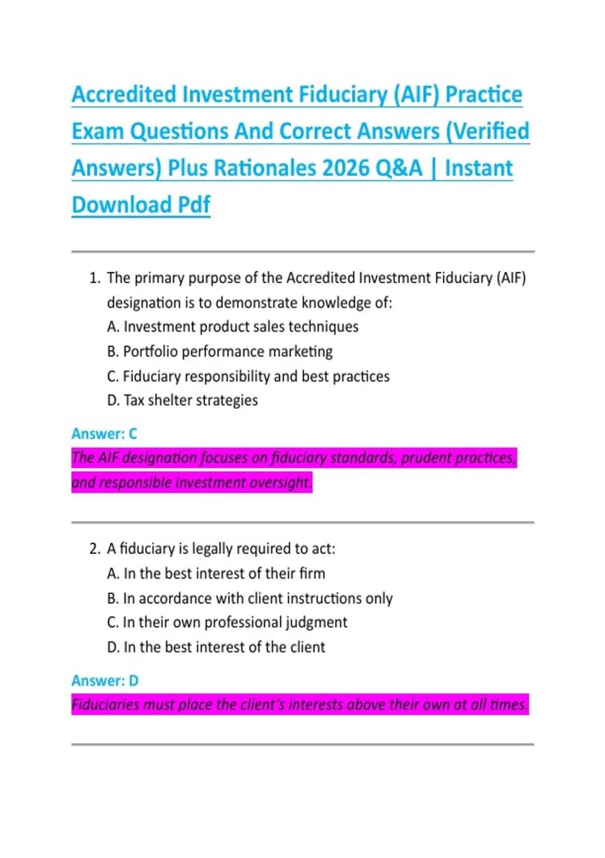 Accredited Investment Fiduciary (AIF) Practice Exam Questions And ...