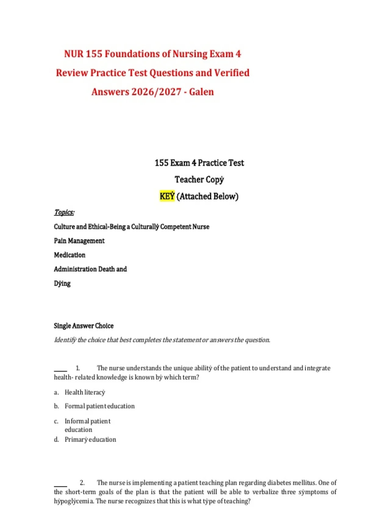 NUR 155 Foundations of Nursing – Exam 4 Review Practice Test Questions ...