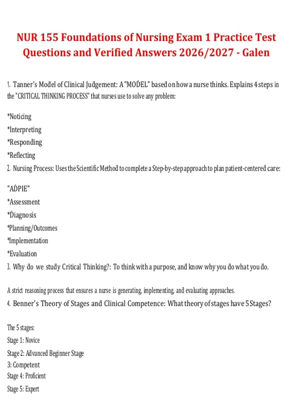 NUR 155 Foundations of Nursing – Exam 1 Practice Test Questions and ...