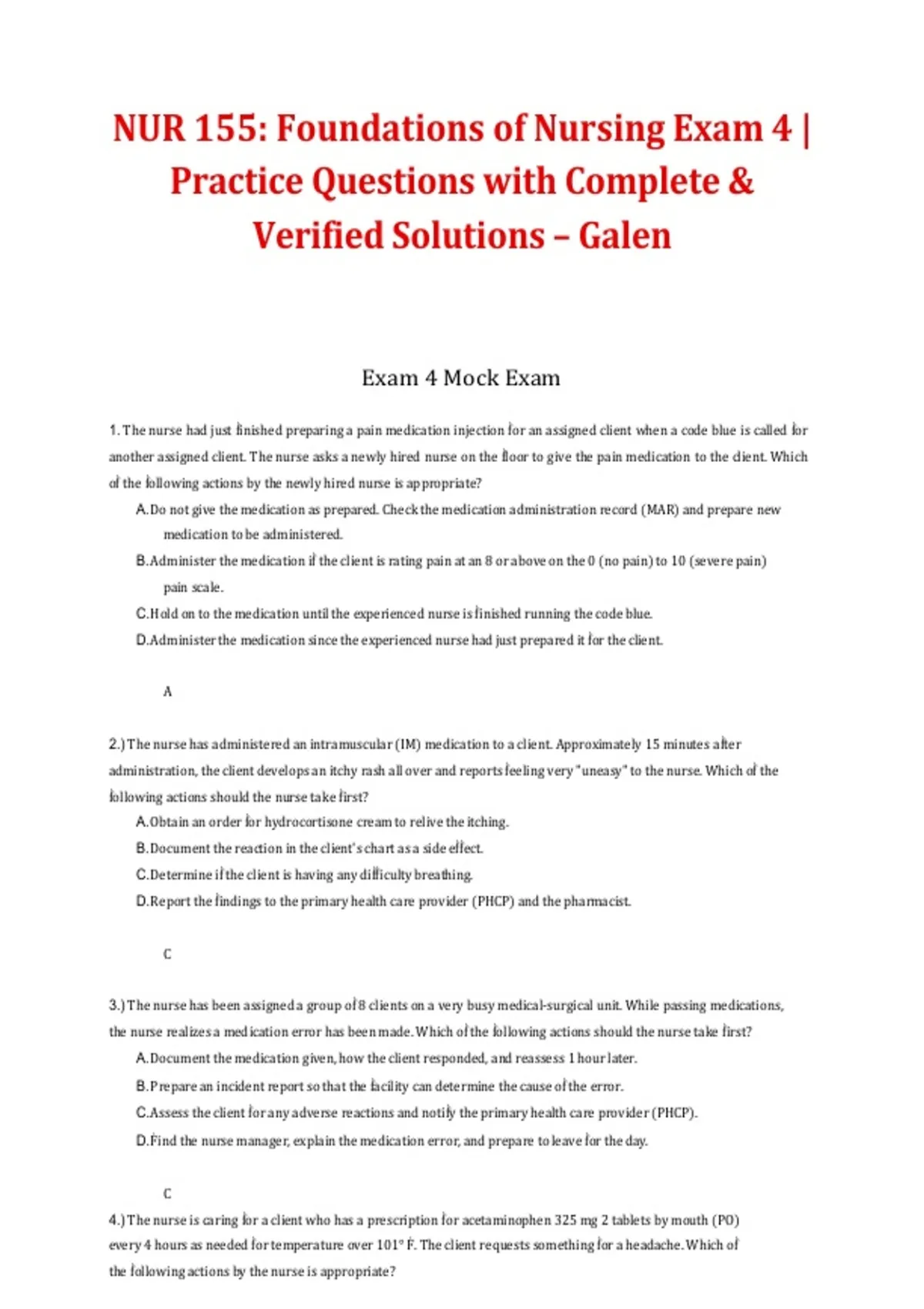 NUR 155 Foundations of Nursing – Exam 4 Practice Questions with ...
