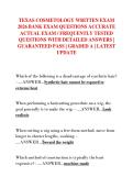 TEXAS COSMETOLOGY WRITTEN EXAM  2026 BANK EXAM QUESTIONS ACCURATE  ACTUAL EXAM &sol; FREQUENTLY TESTED  QUESTIONS WITH DETAILED ANSWERS &vert;  GUARANTEED PASS &vert; GRADED A &vert; LATEST  UPDATE