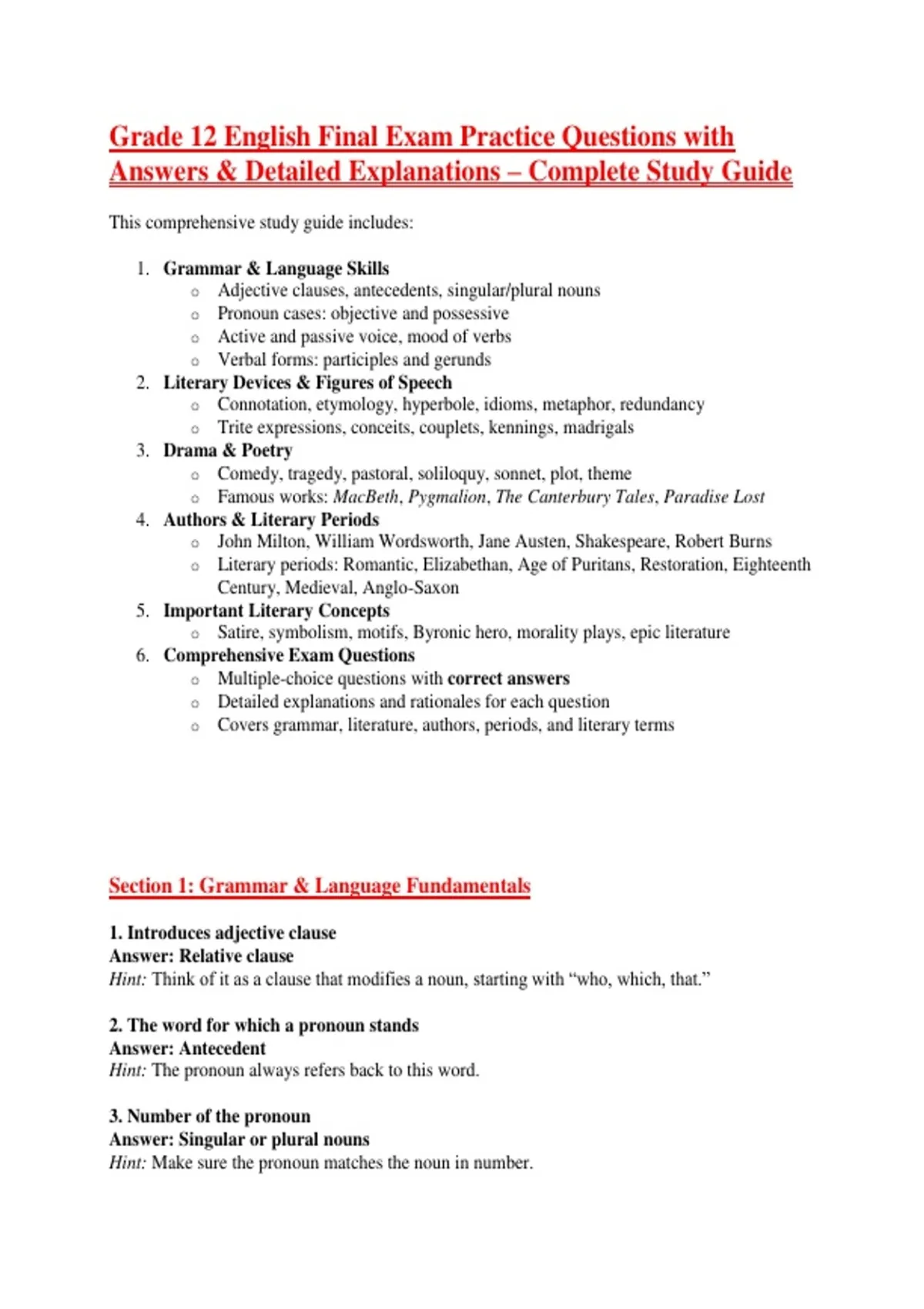 Grade 12 English Final Exam Practice Questions with Answers & Detailed ...