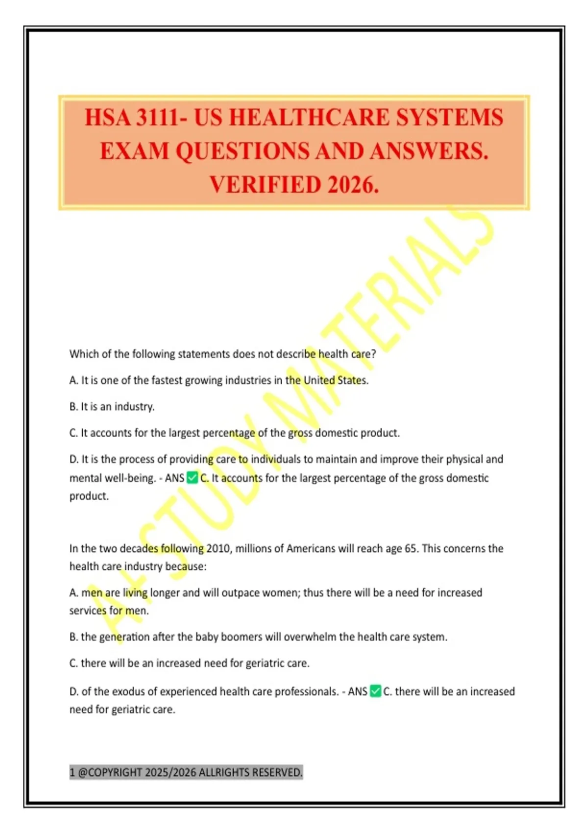 HSA 3111- US HEALTHCARE SYSTEMS EXAM QUESTIONS AND ANSWERS. VERIFIED ...