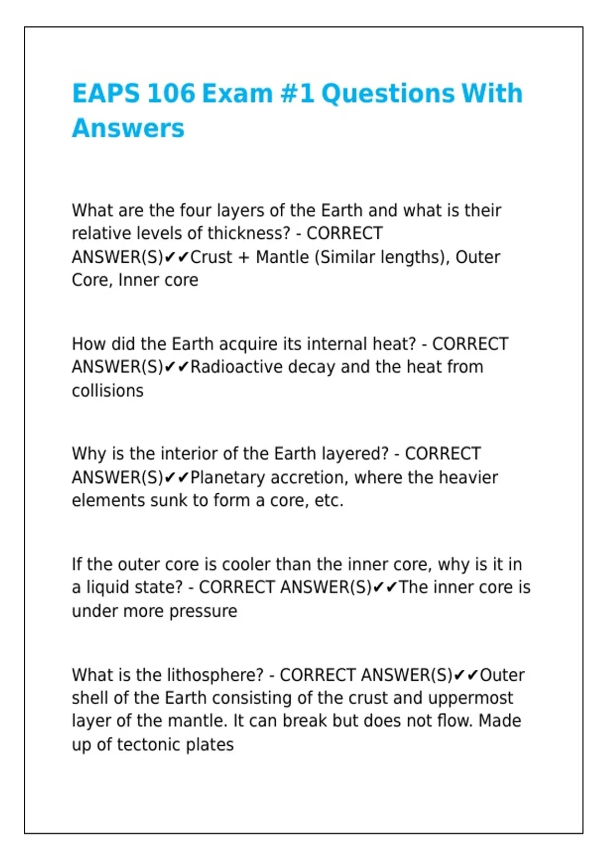 EAPS 106 Exam -1 Questions With Answers - EAPS 106 - Stuvia US