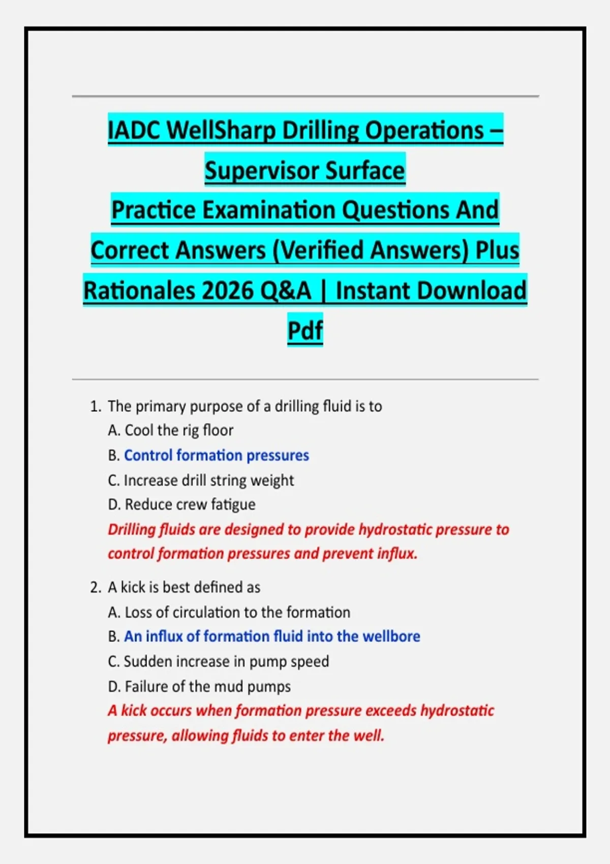 IADC WellSharp Drilling Operations – Supervisor Surface Practice Examination Questions And ...