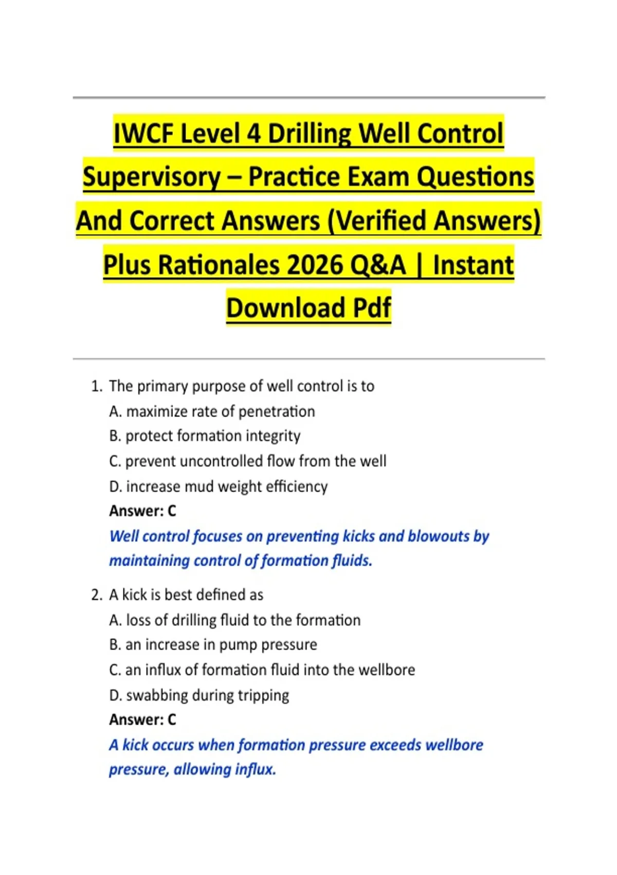 IWCF Level 4 Drilling Well Control Supervisory – Practice Exam ...