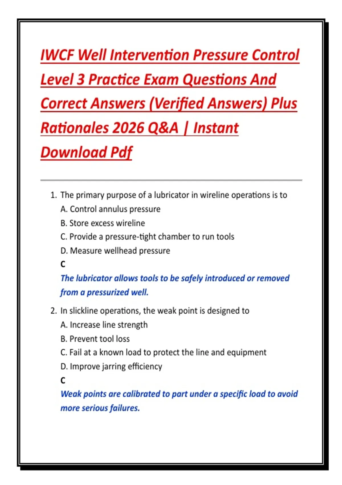 IWCF Well Intervention Pressure Control Level 3 Practice Exam Questions ...
