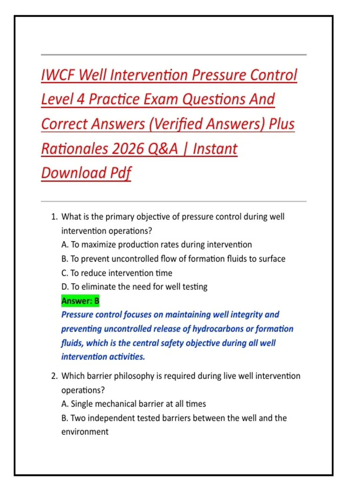 IWCF Well Intervention Pressure Control Level 4 Practice Exam Questions ...