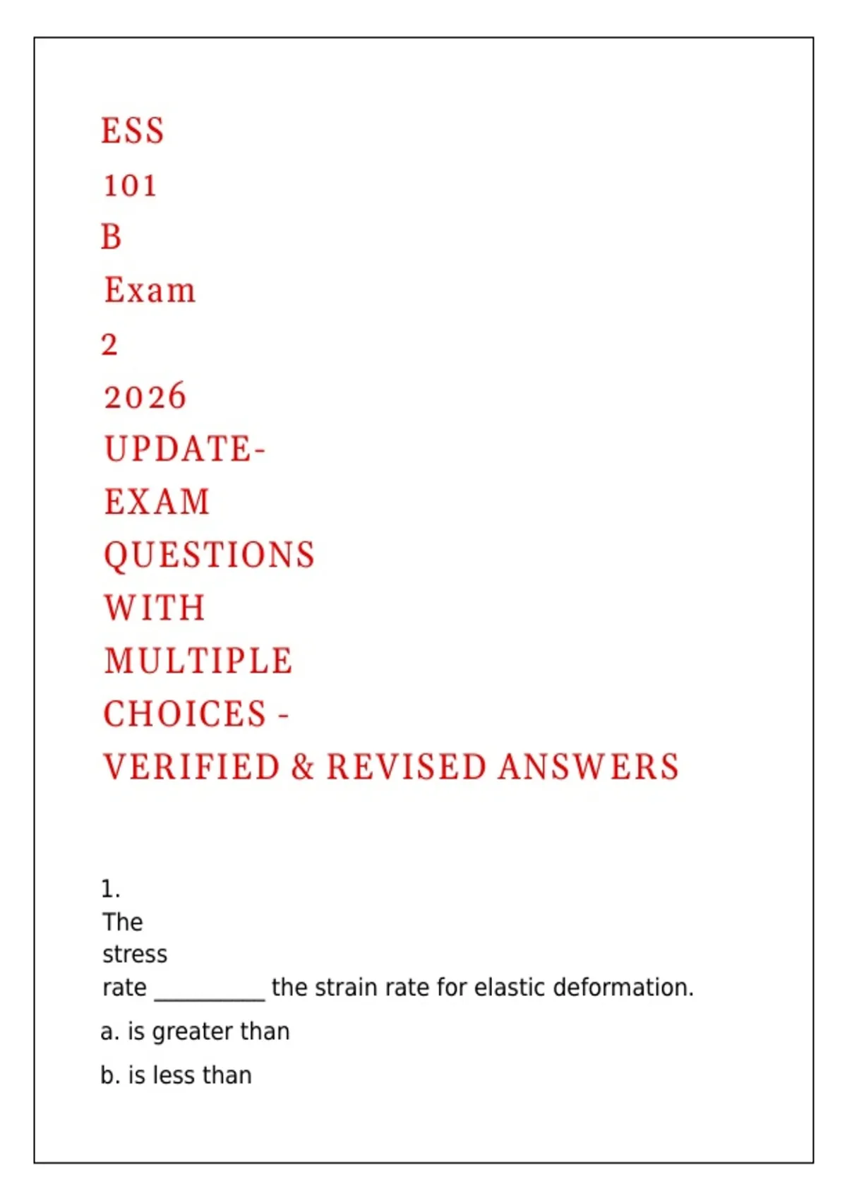 ESS 101 B Exam 2 2026 UPDATE- EXAM QUESTIONS WITH MULTIPLE CHOICES ...