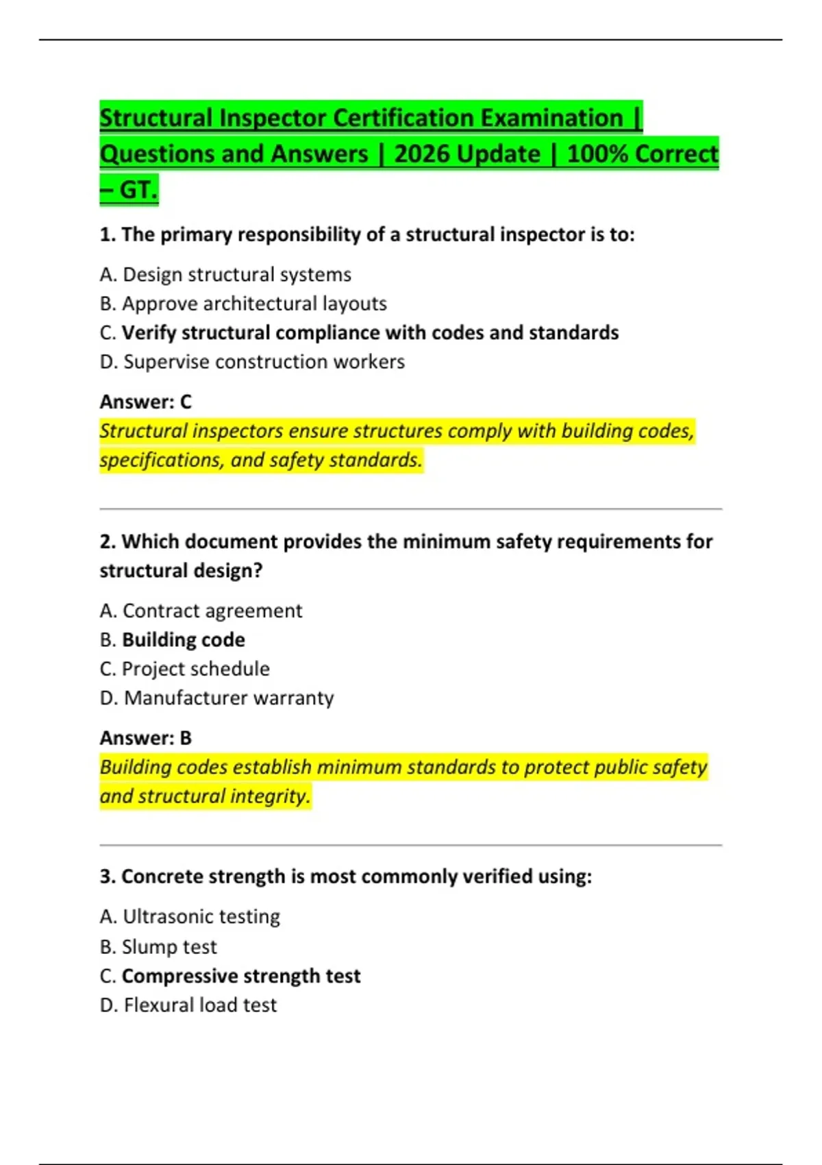 Structural Inspector Certification Examination | Questions and Answers ...