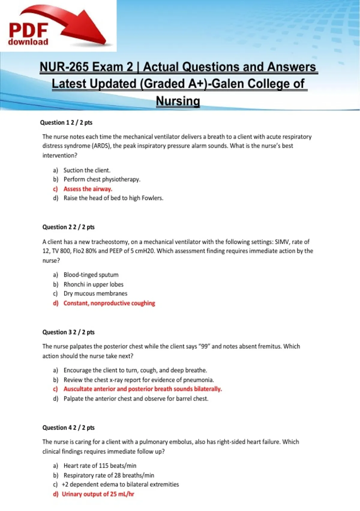 NUR-265 Exam 2 | Actual Questions and Answers Latest Updated 2026/2027 ...
