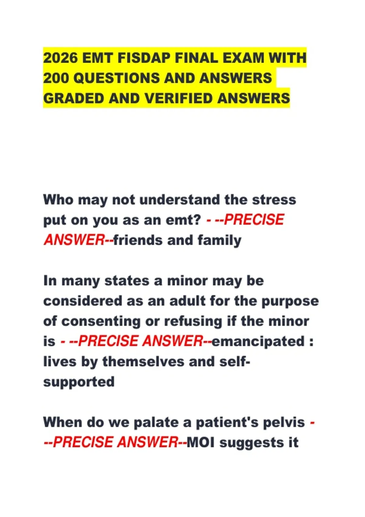 2026 EMT FISDAP FINAL EXAM WITH 200 QUESTIONS AND ANSWERS GRADED AND ...