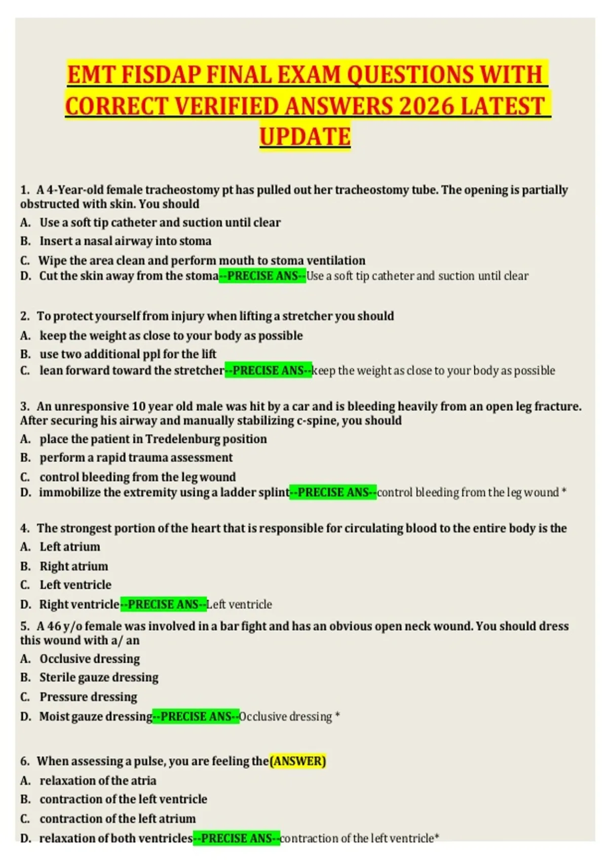 EMT FISDAP FINAL EXAM QUESTIONS WITH CORRECT VERIFIED ANSWERS 2026 ...