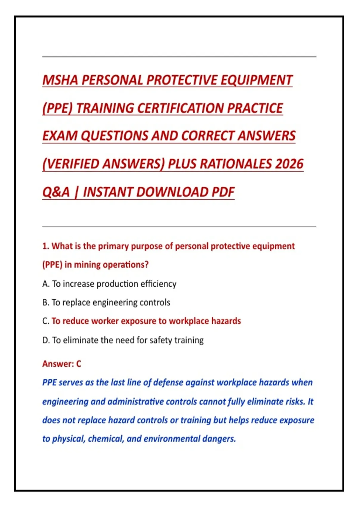 MSHA PERSONAL PROTECTIVE EQUIPMENT (PPE) TRAINING CERTIFICATION ...