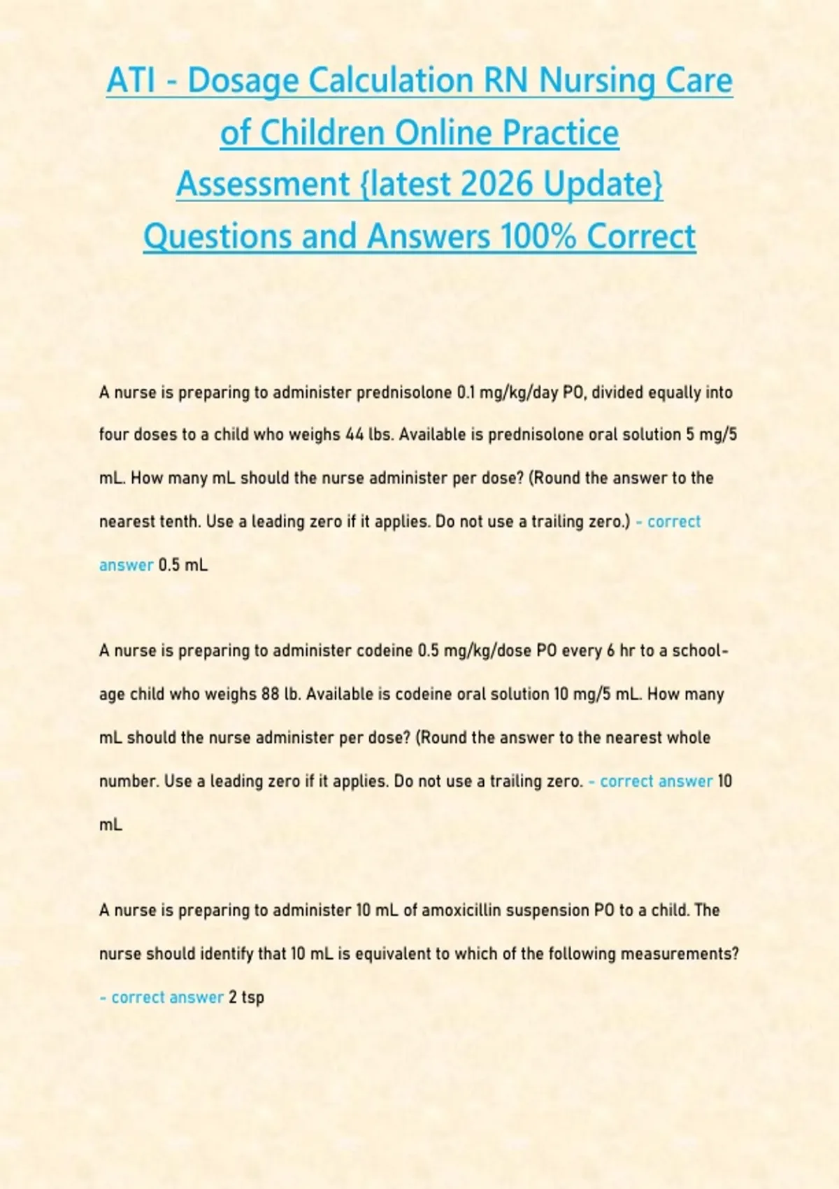 ATI - Dosage Calculation RN Nursing Care of Children Online Practice ...