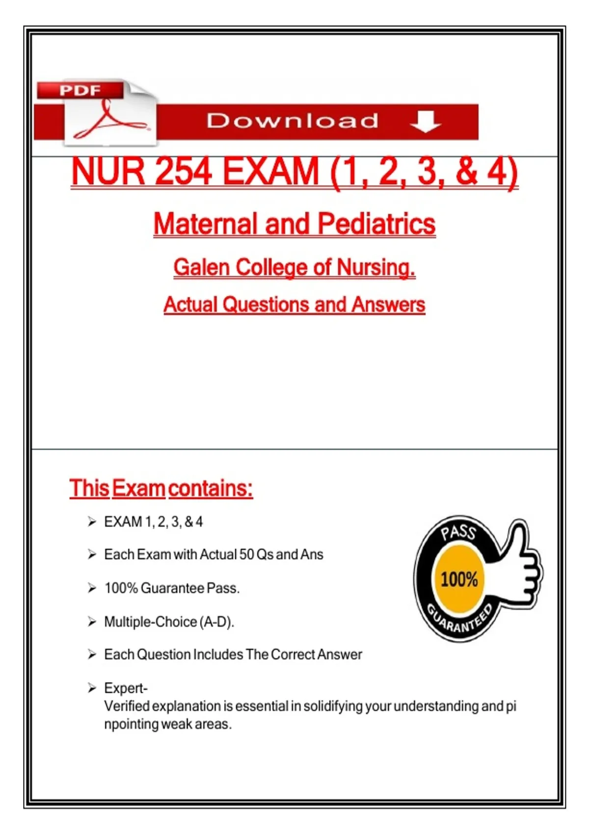 NUR 254 EXAM (1, 2, 3, & 4) Maternal and Pediatrics Galen College of ...
