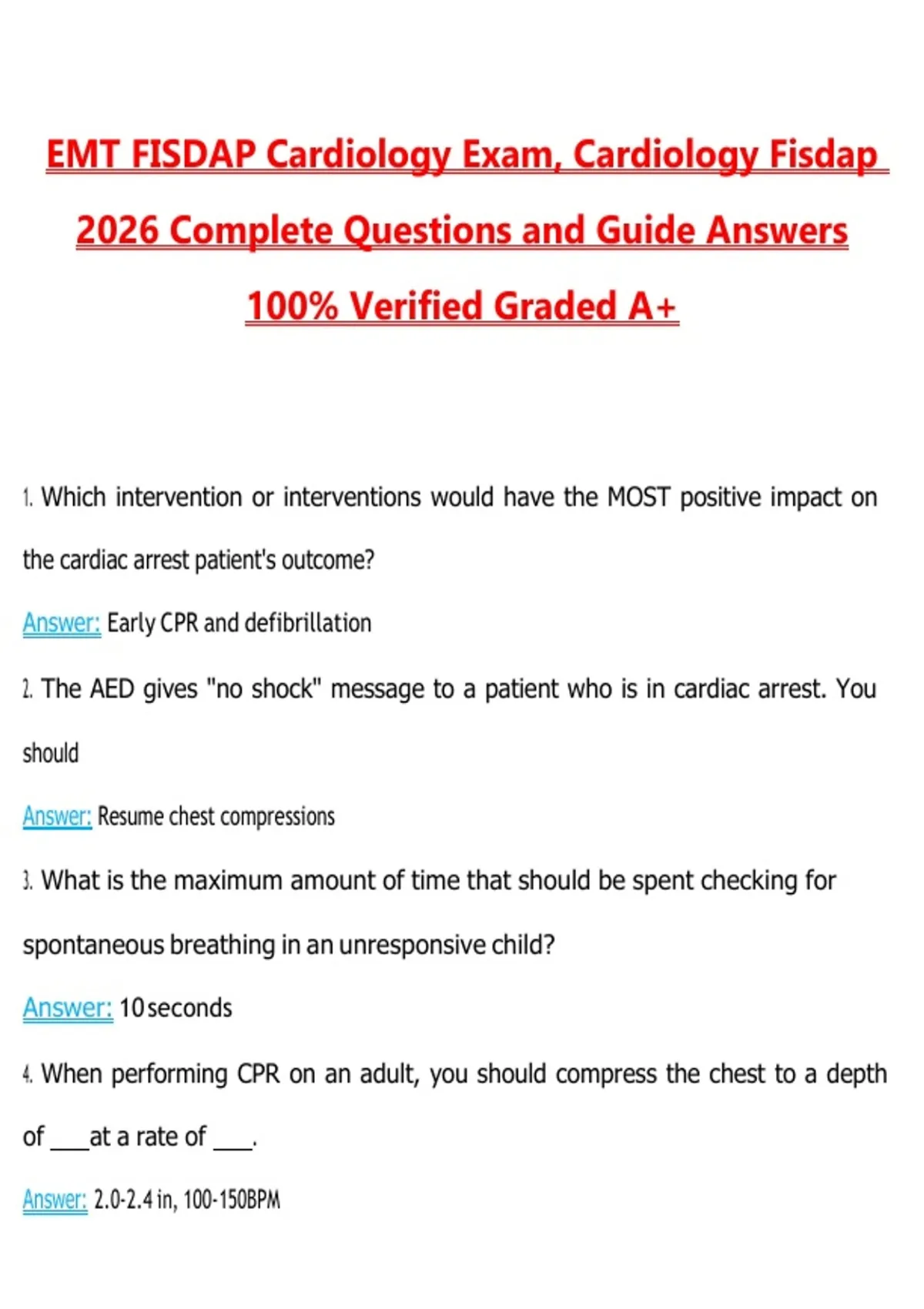 EMT FISDAP Cardiology Exam, Cardiology Fisdap Questions with Correct ...