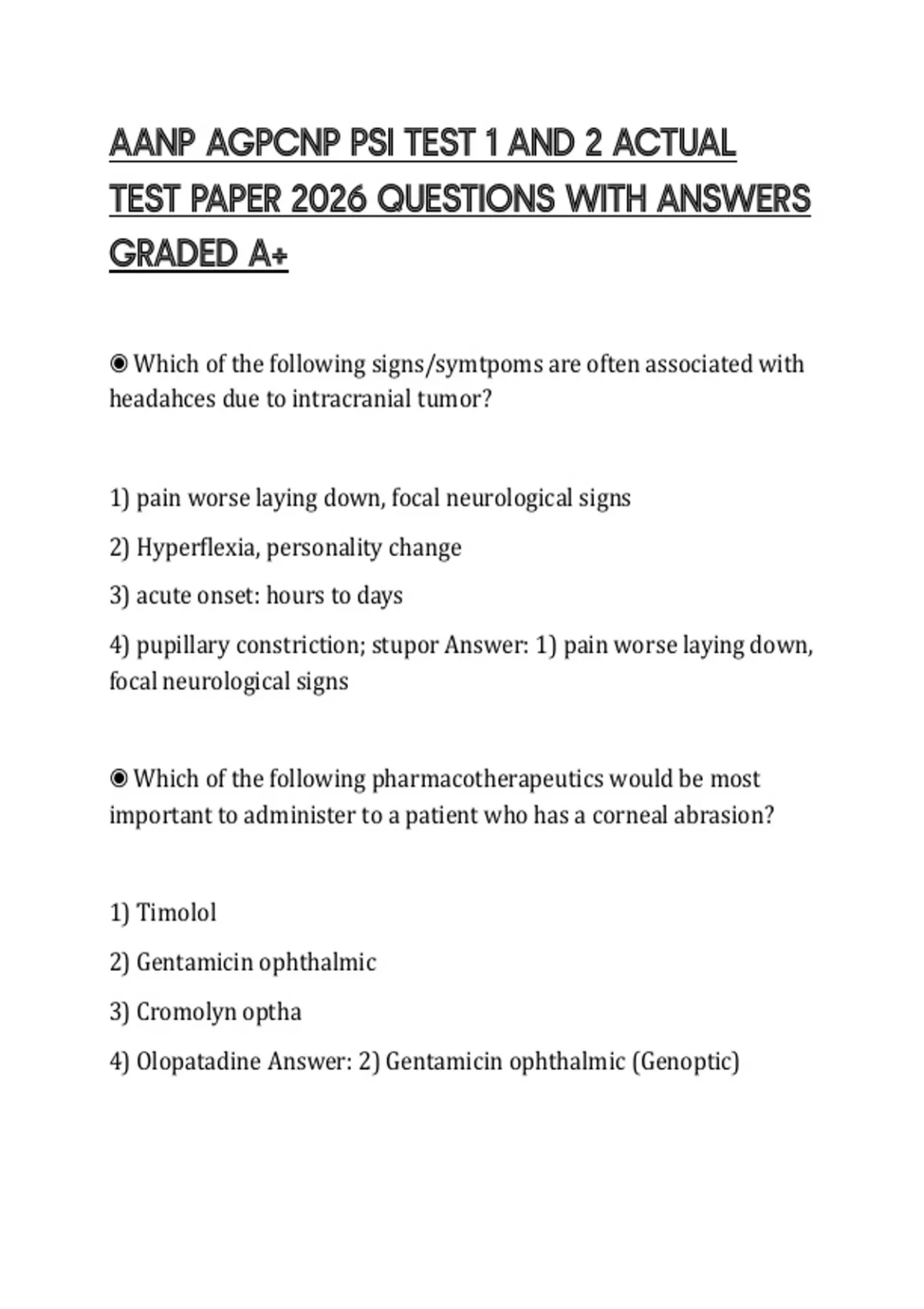 AANP AGPCNP PSI TEST 1 AND 2 ACTUAL TEST PAPER 2026 QUESTIONS WITH ...