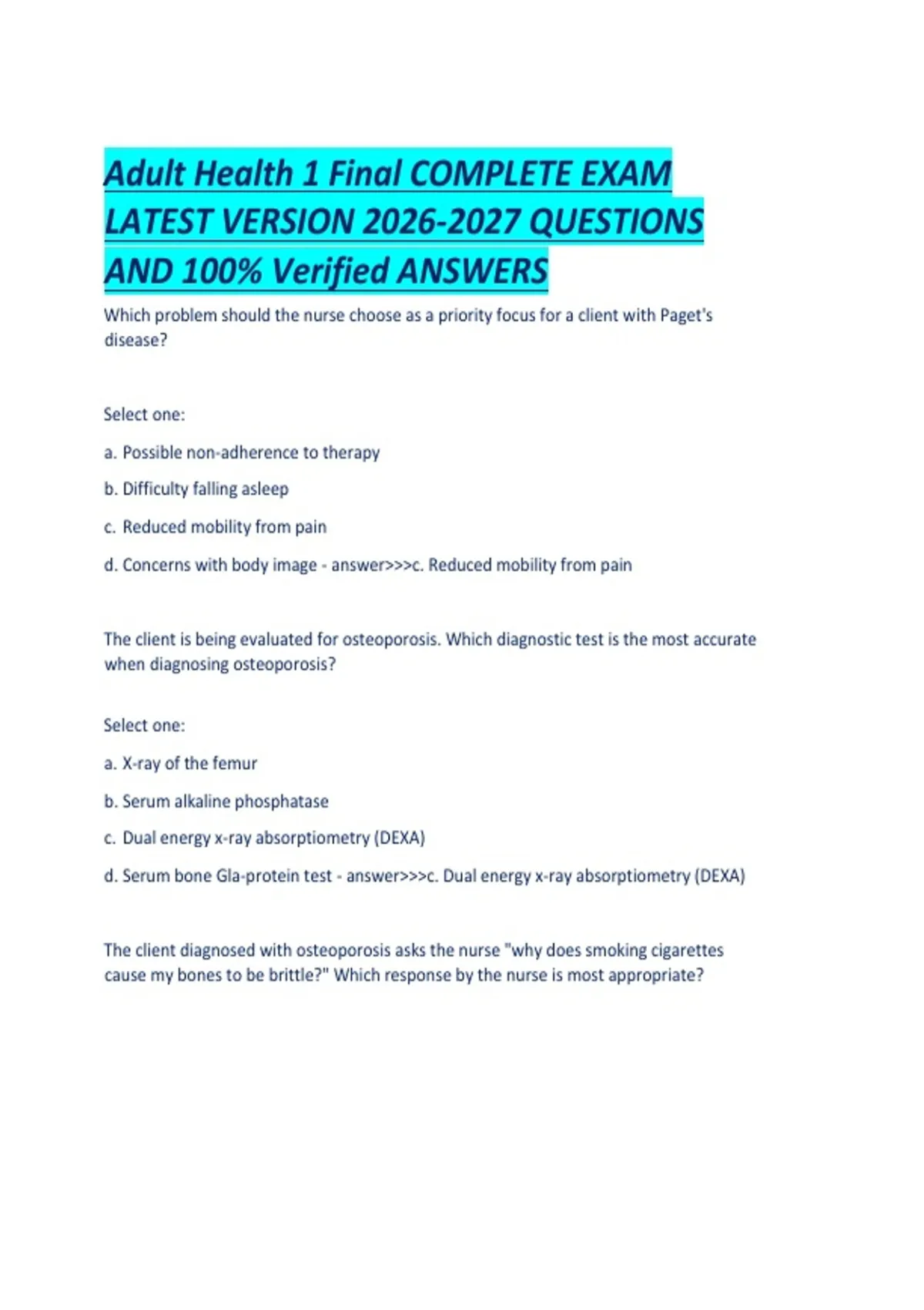 Adult Health 1 Final COMPLETE EXAM LATEST VERSION QUESTIONS AND 100 ...