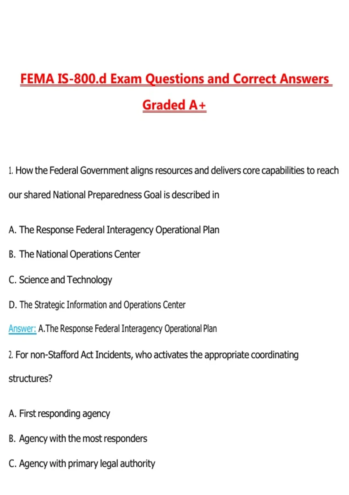 FEMA IS-800.D EXAM Questions with Correct Answers Pass the Exam, 100% ...