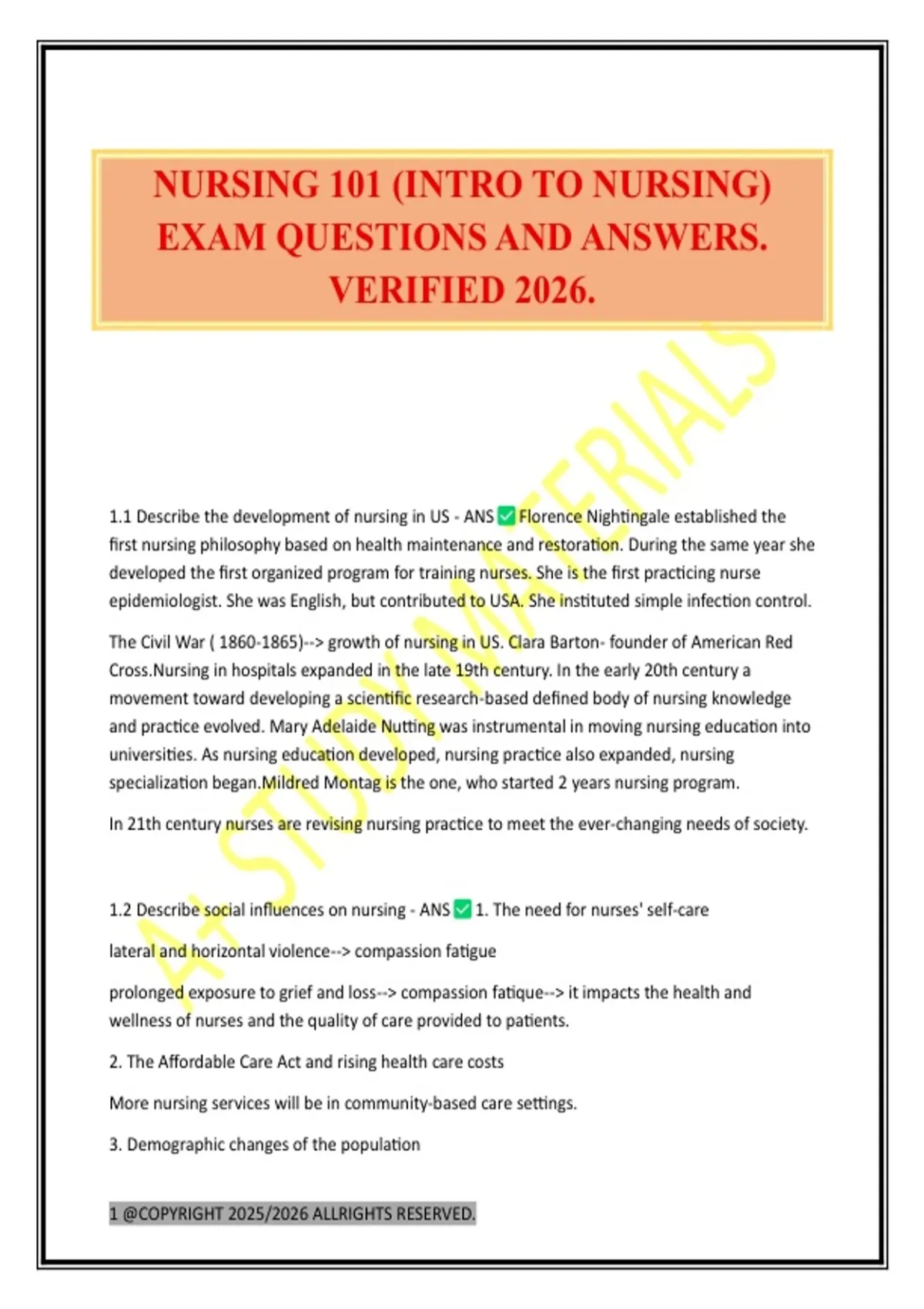 NURSING 101 (INTRO TO NURSING) EXAM QUESTIONS AND ANSWERS. VERIFIED ...