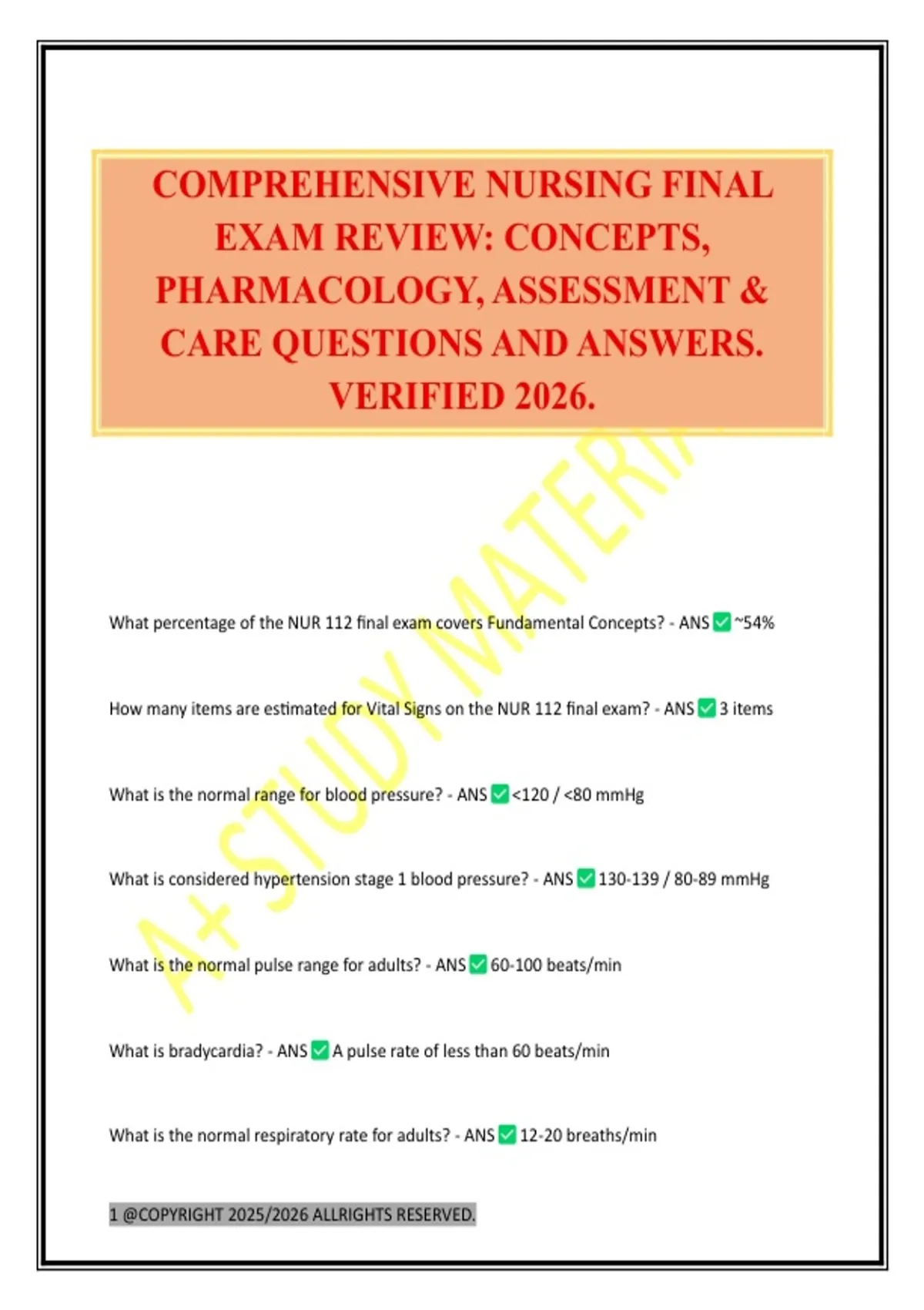 COMPREHENSIVE NURSING FINAL EXAM REVIEW: CONCEPTS, PHARMACOLOGY ...