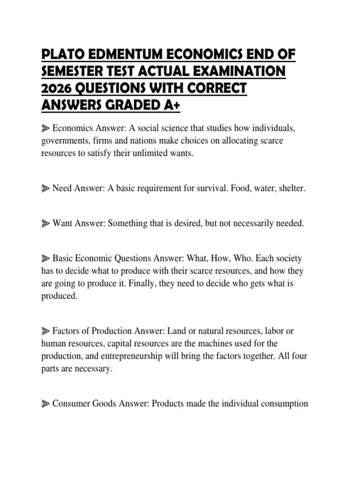 PLATO EDMENTUM ECONOMICS END OF SEMESTER TEST ACTUAL EXAMINATION 2026 QUESTIONS WITH CORRECT ...