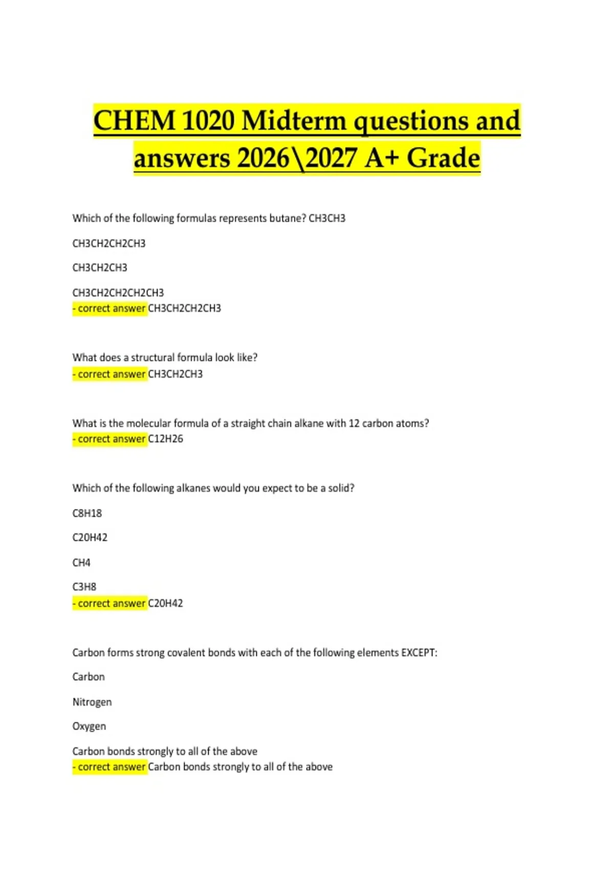 CHEM 1020 – Midterm Exam | Verified Questions and Correct Answers ...