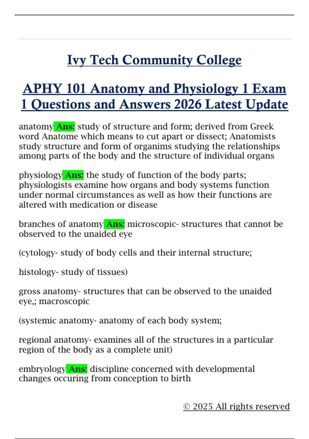 APHY 101 Anatomy and Physiology 1 Exam 1 Questions and Answers 2026 ...