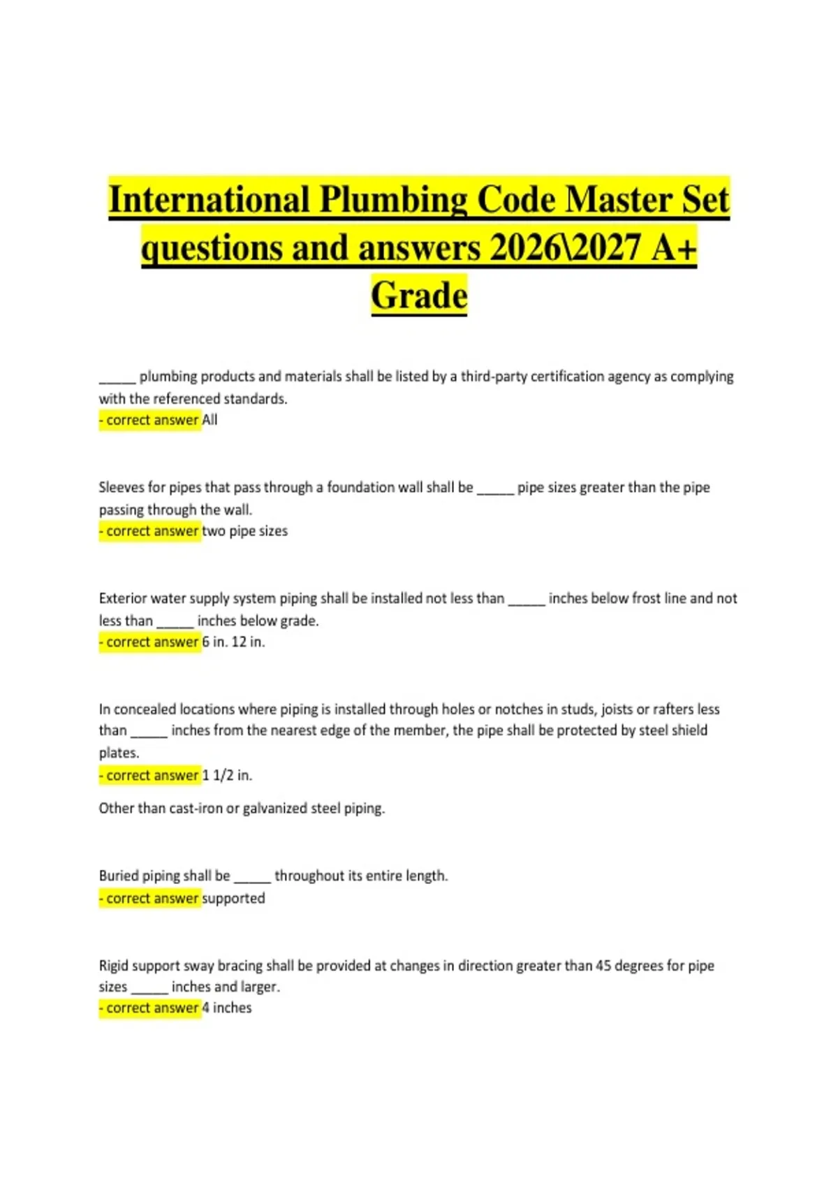 International Plumbing Code Master Set 2026–2027 | Questions & Answers