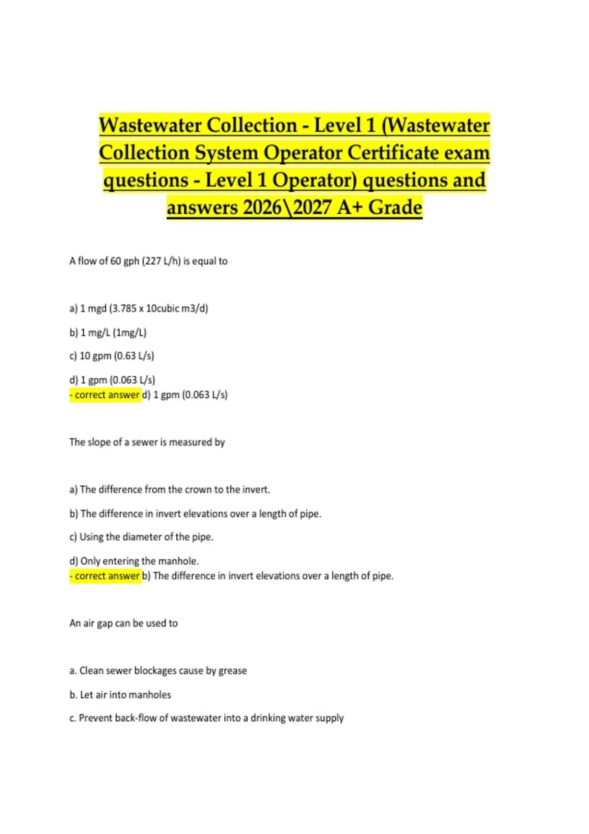 Wastewater Collection – Level 1 Operator Exam 2026–2027 | Questions ...