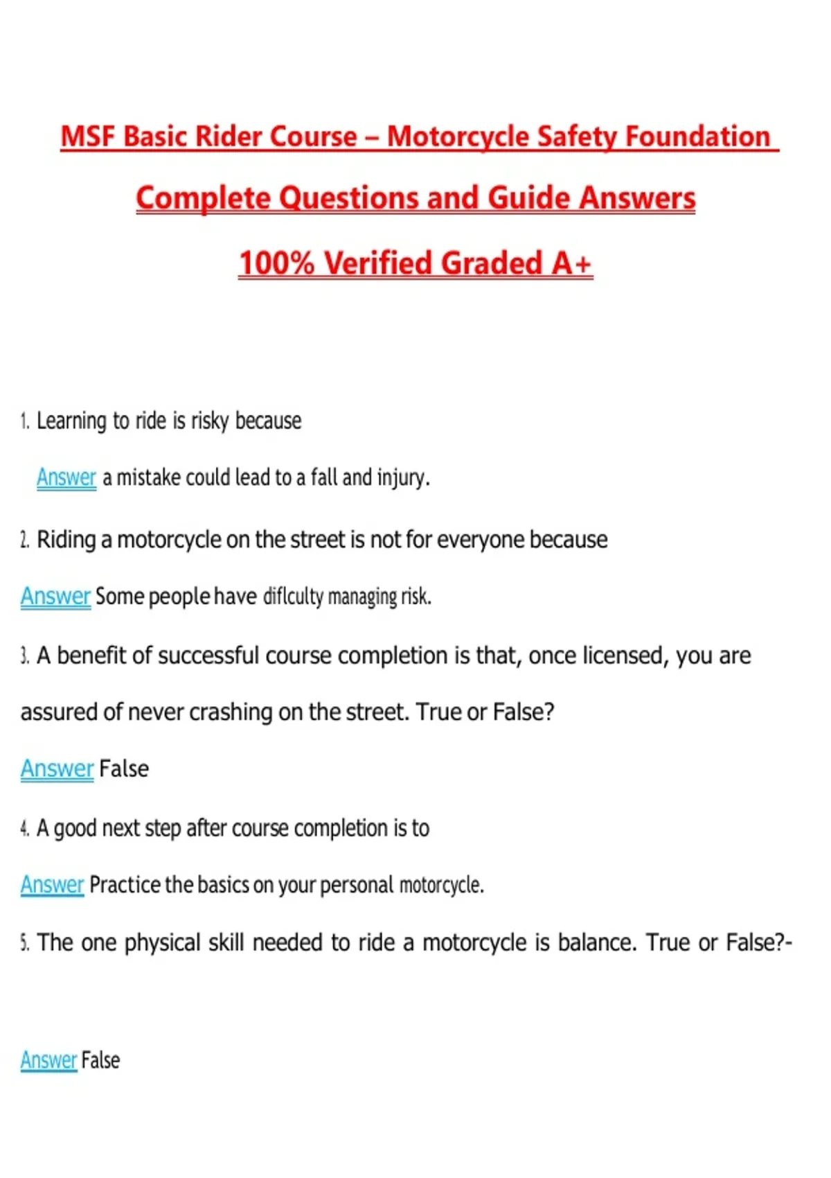 Msf Basic Rider Course Handbook Worksheet MSF Basic Rider Course – Motorcycle Safety Foundation Questions with ...