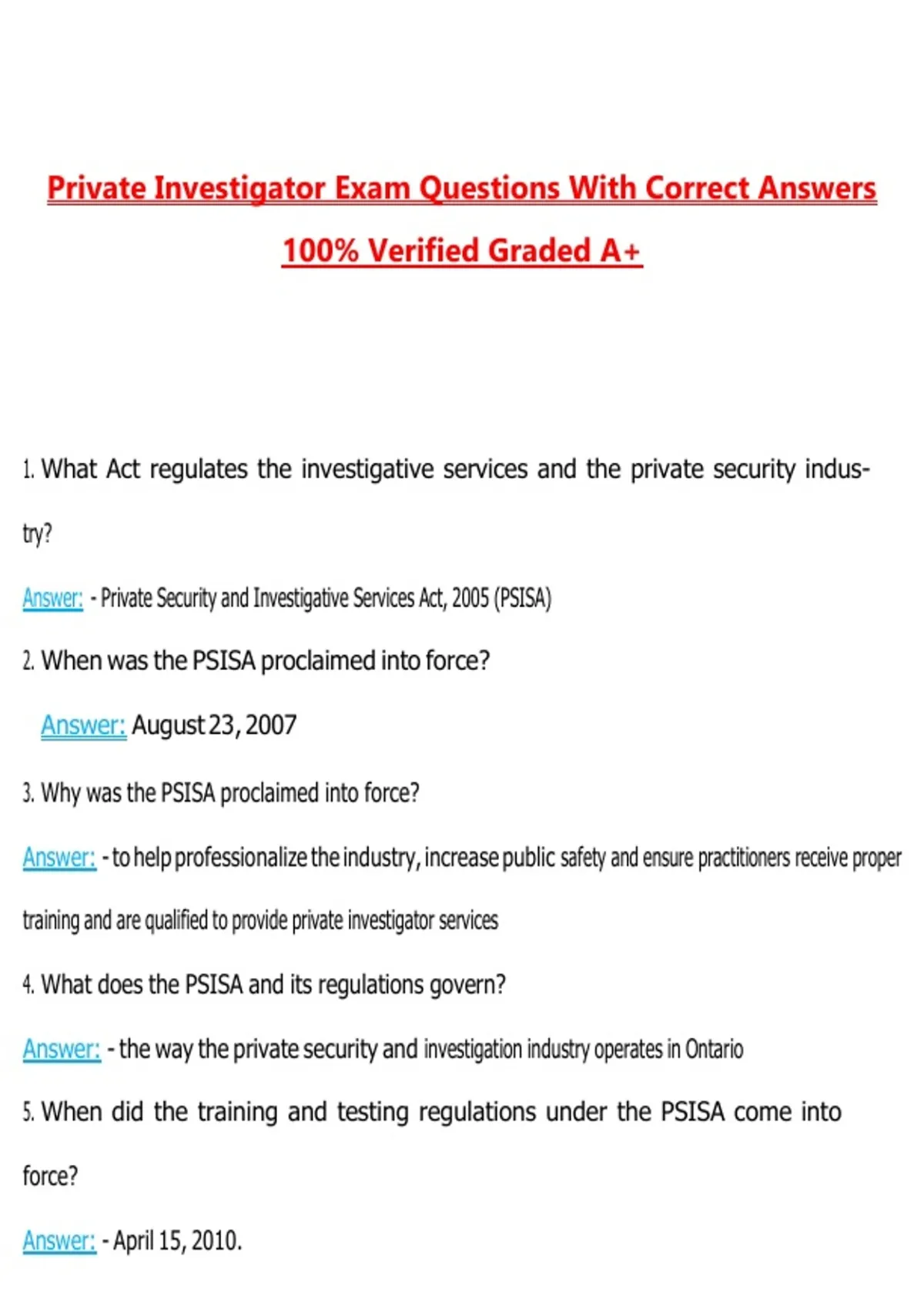 Private Investigator Exam Questions with Correct Answers Pass the Exam ...