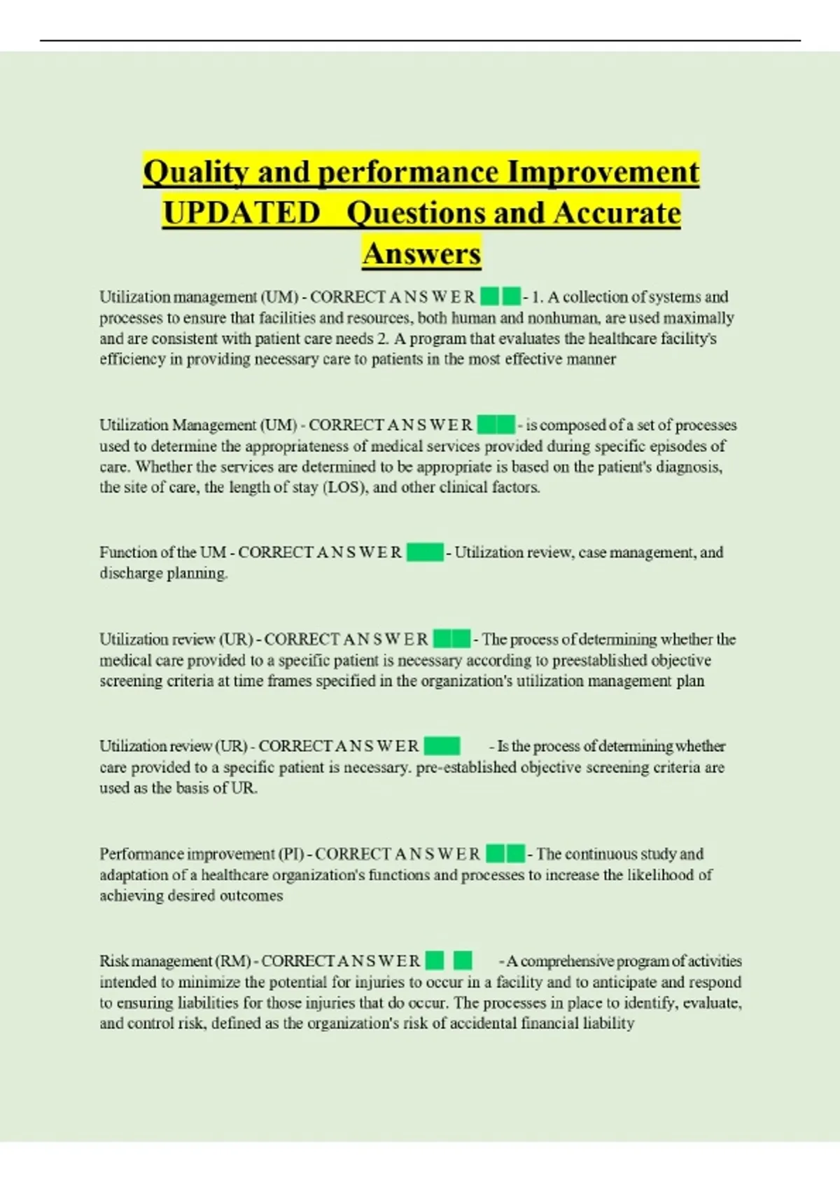 Quality and performance Improvement UPDATED Questions and Accurate ...