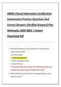 ABMS Clinical Informatics Certification  Examination Practice Questions And  Correct Answers &lpar;Verified Answers&rpar; Plus  Rationales 2026 Q&A &vert; Instant  Download Pdf 