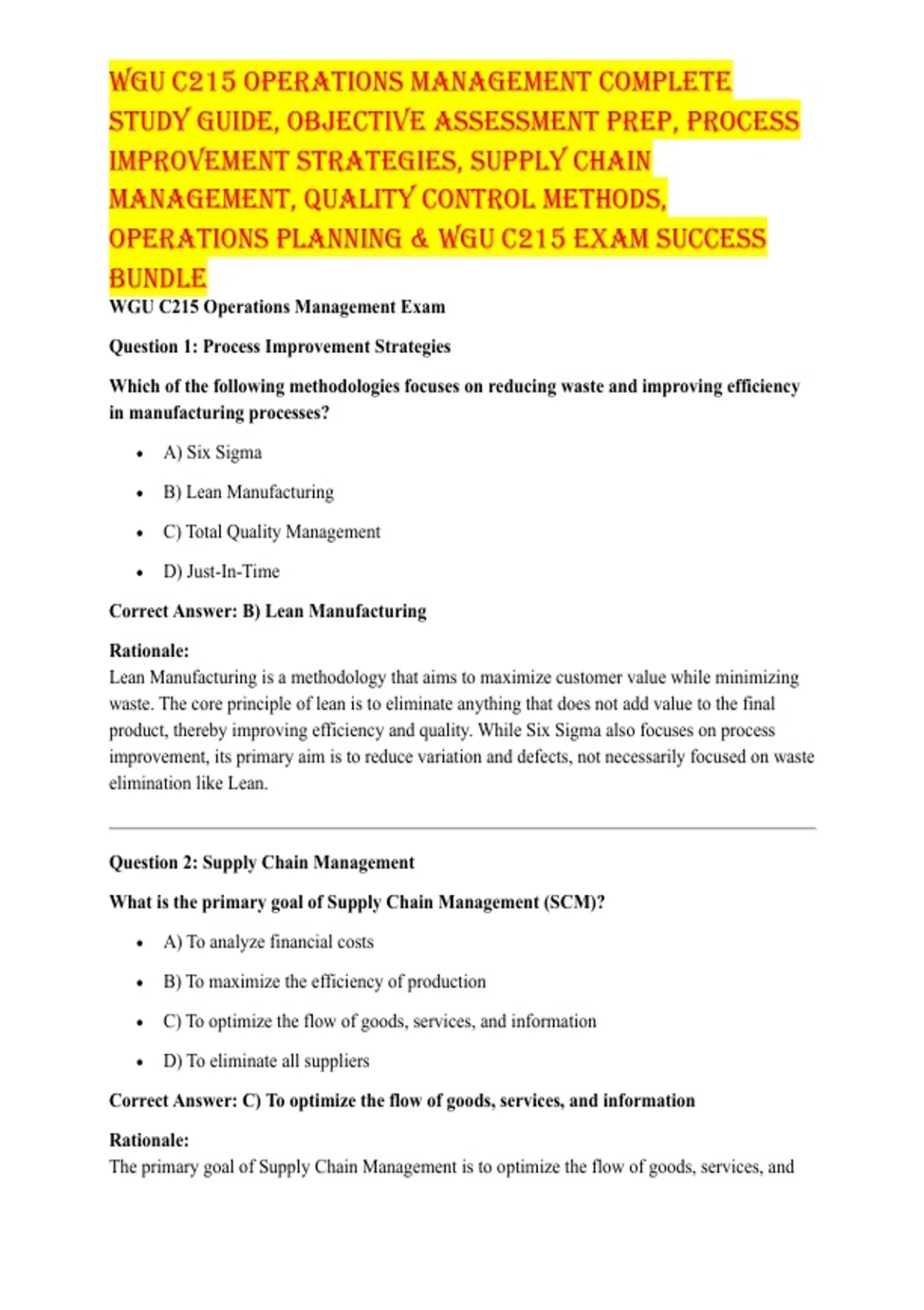 WGU C215 Operations Management Complete Study Guide, Objective ...