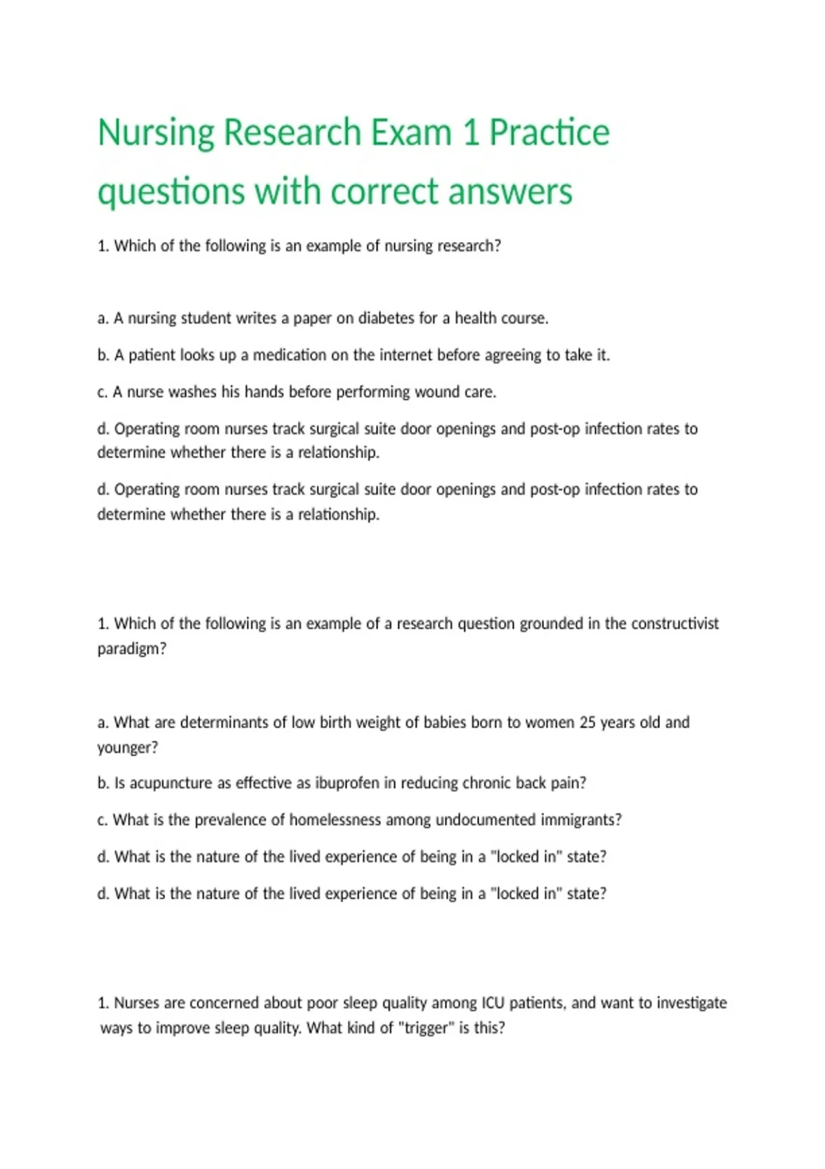 Nursing Research Exam 1 Practice questions with correct answers ...