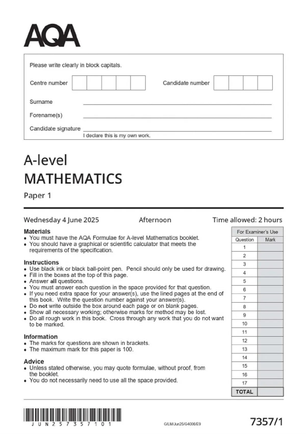 AQA A-LEVEL MATHEMATICS PAPER 1 JUNE 2025 Combined Question Paper and ...